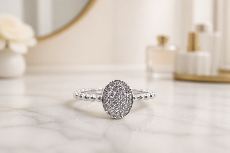 Beaded Band Oval Diamond Pave Cocktail Ring in White Gold