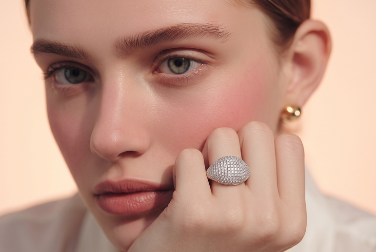 Domed Pave Signet Ring in White Gold