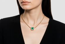 Emerald Halo Pendant on Yellow Gold Beaded Necklace