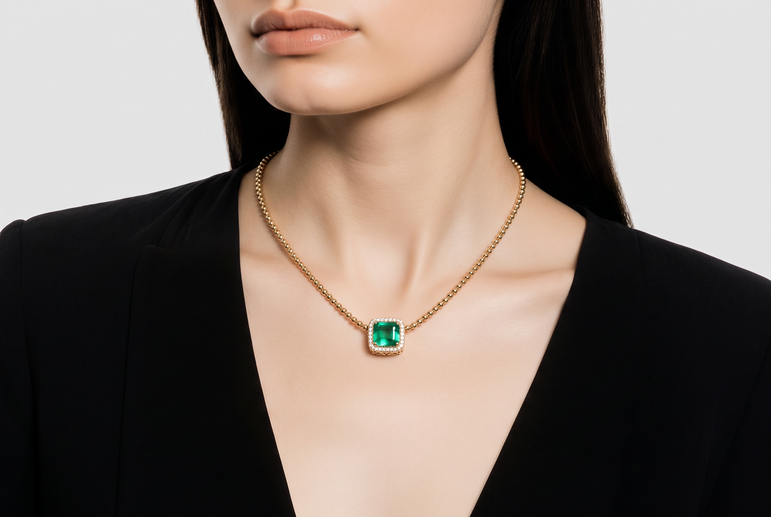 Emerald Halo Pendant on Yellow Gold Beaded Necklace