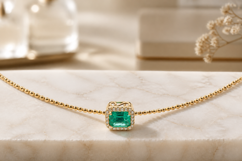 Emerald Halo Pendant on Yellow Gold Beaded Necklace
