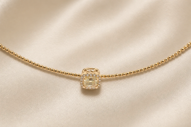 Fancy Yellow Diamond Halo Pendant on Rose Gold Beaded Chain