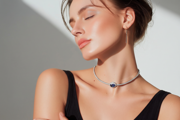 Blue Sapphire and Diamond Halo Necklace in White Gold