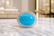 Oval Turquoise Double Halo Cocktail Ring in White Gold