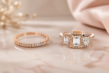 Three-Stone Emerald-Cut Diamond Halo Bridal Set in Rose Gold