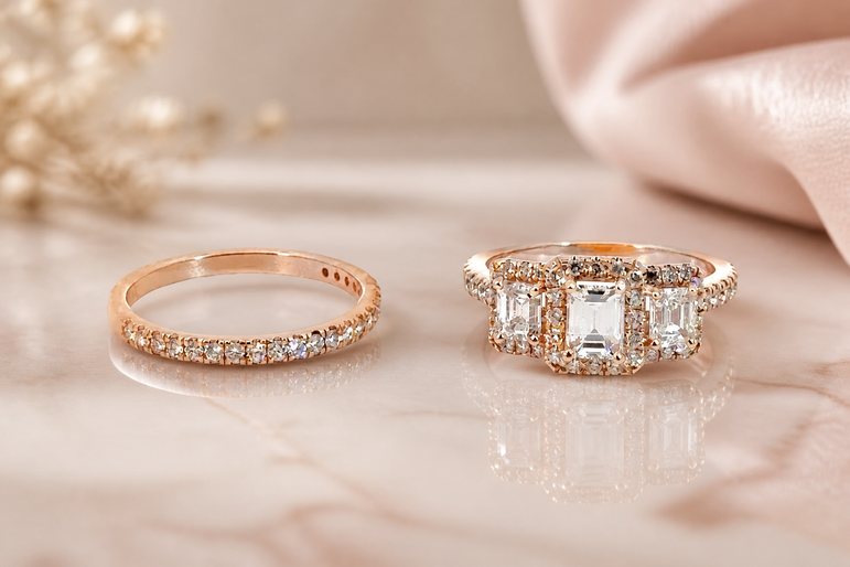 Three-Stone Emerald-Cut Diamond Halo Bridal Set in Rose Gold