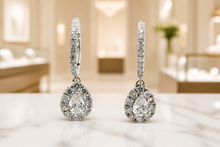 Pear Diamond Halo Drop Earrings in White Gold