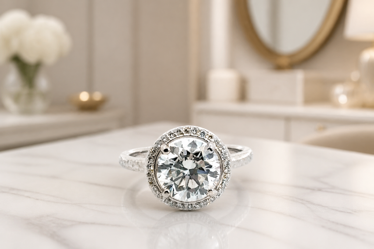 White Gold Round Diamond Halo Engagement Ring