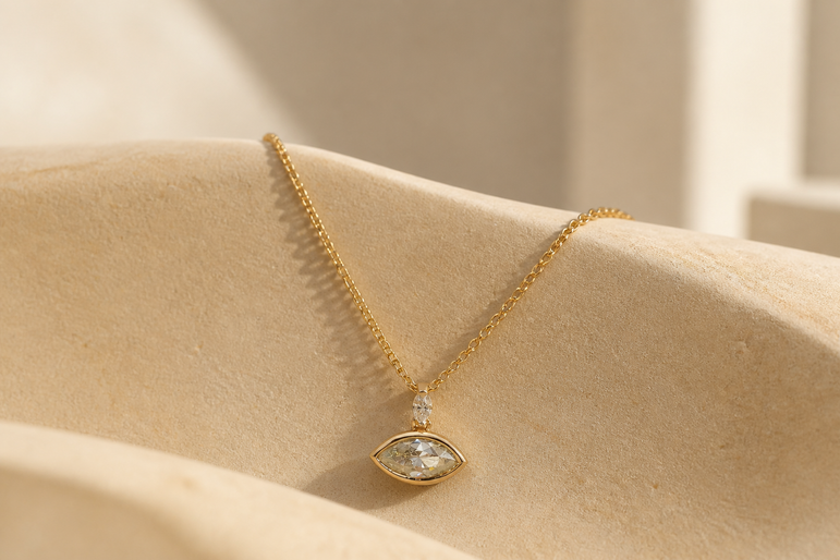 Marquise Diamond Bezel Pendant Necklace in Yellow Gold