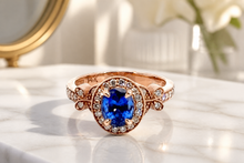 Royal Blue Sapphire Halo Cocktail Ring in Rose Gold