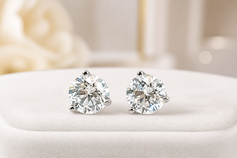 3-Prong Round Diamond Stud Earrings in White Gold