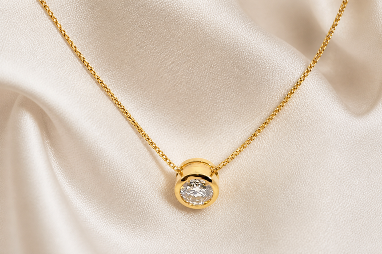 Bezel-Set Round Diamond Solitaire Necklace in Yellow Gold