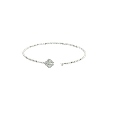 White Gold Diamond Clover Beaded Open Bangle