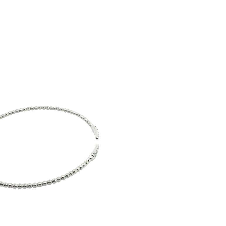 White Gold Beaded Open Bangle with Diamond Accents