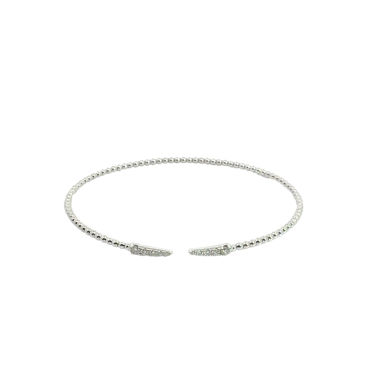 White Gold Beaded Open Bangle with Diamond Accents