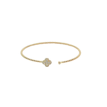 Yellow Gold Diamond Clover Beaded Open Cuff Bracelet