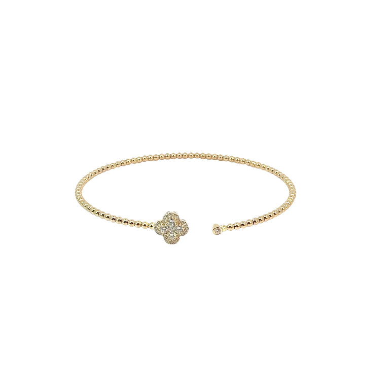Yellow Gold Diamond Clover Beaded Open Cuff Bracelet