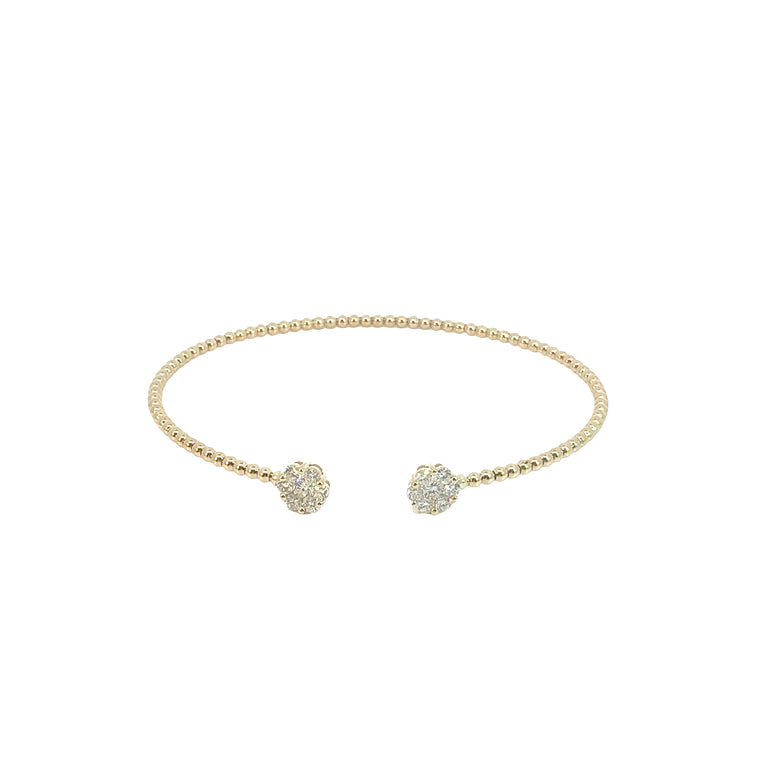 Yellow Gold Beaded Open Bangle with Diamond Clusters