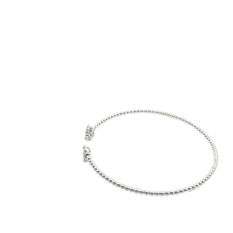White Gold Beaded Open Bangle with Diamond Clusters
