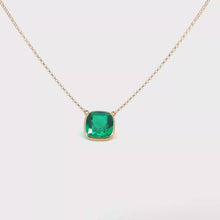 Cushion Cut Emerald Bezel Pendant Necklace in Yellow Gold