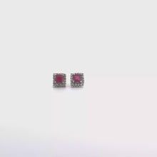 Square Ruby Halo Stud Earrings in White Gold