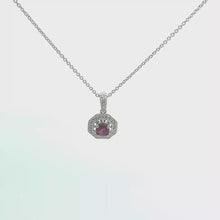 Purplish-Red Ruby Octagonal Halo Pendant in White Gold