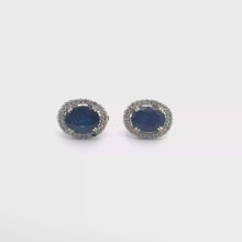 Blue Sapphire Oval Halo Stud Earrings in White Gold