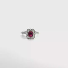 Emerald Cut Red Ruby Halo Cocktail Ring in White Gold