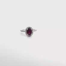 White Gold Purplish-Red Ruby Oval Halo Cocktail Ring