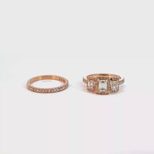 Three-Stone Emerald-Cut Diamond Halo Bridal Set in Rose Gold