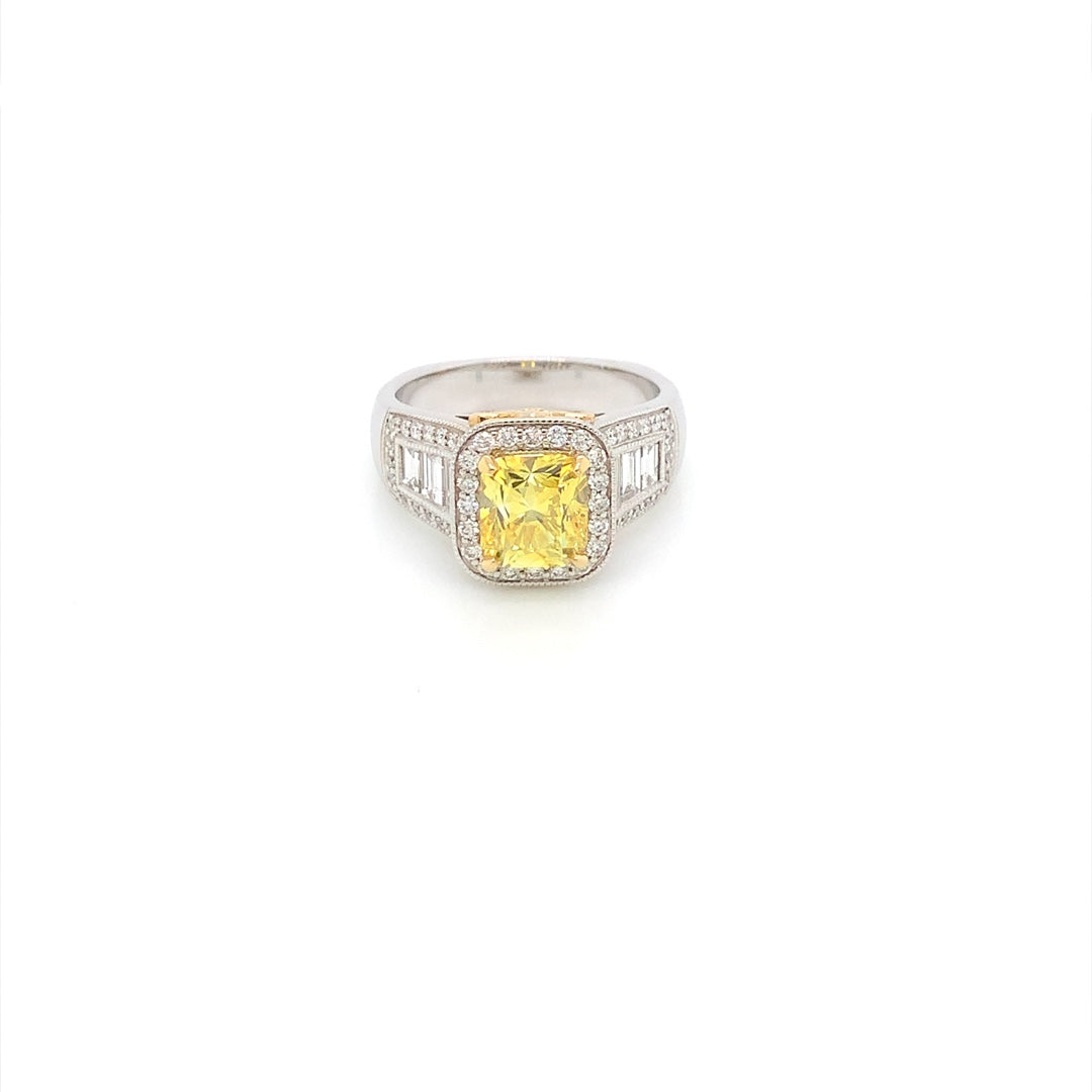 18K White Gold Lab-Grown 2 1/3 CT Vivid Yellow Radiant-Baguettes Diamond Halo Engagement Ring Size 7