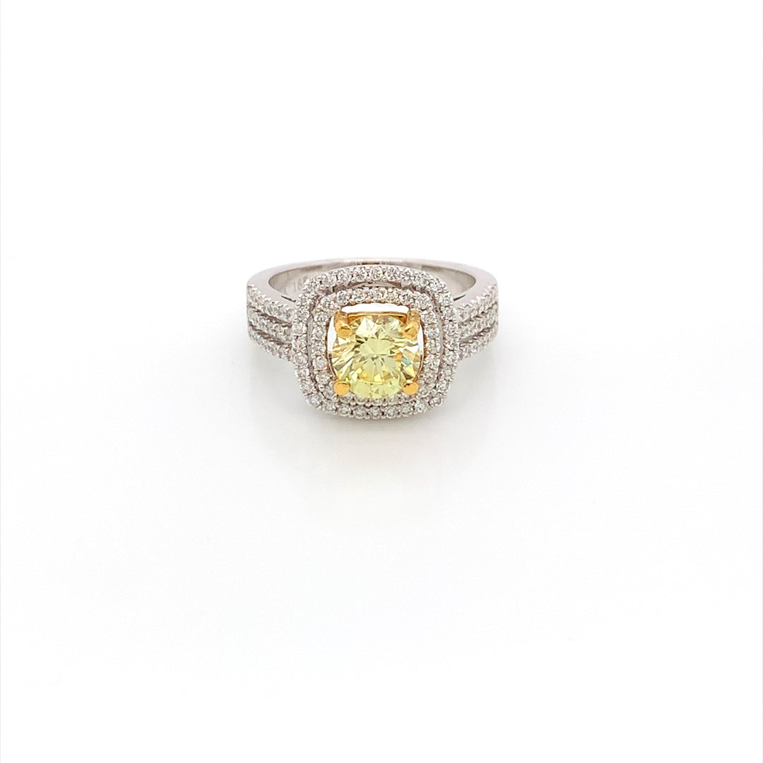 18K White Gold 1 4/5 CT Round Brilliant Cut Vivid Yellow - VS Lab-Grown Diamond Double Halo Engagement Ring Size 7