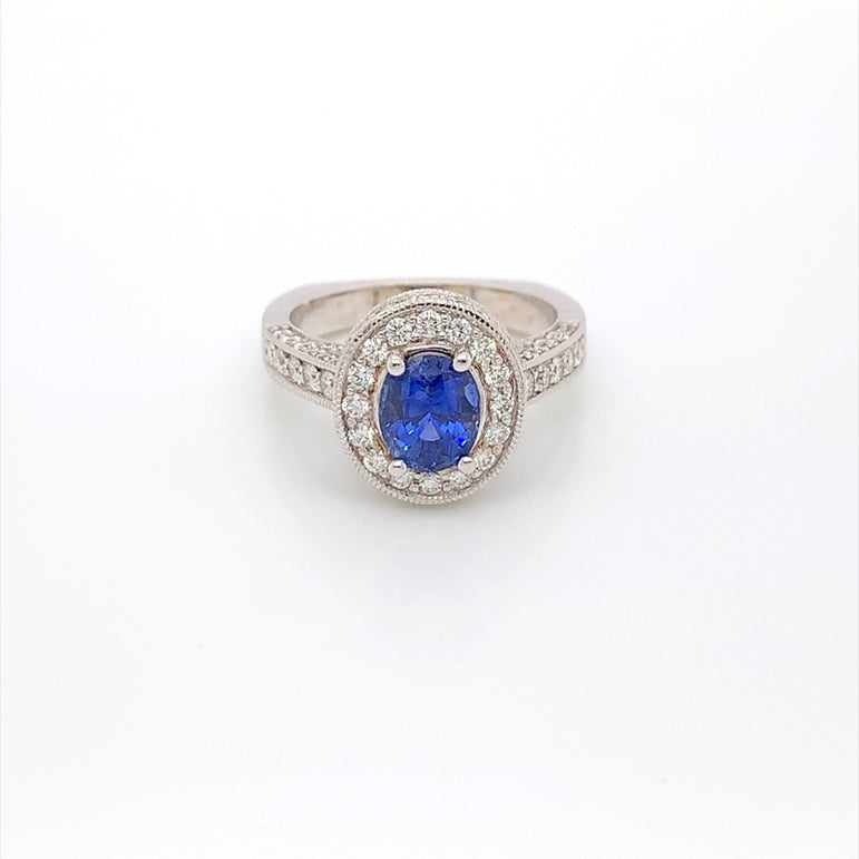18K White Gold 1 1/2 CT Oval Blue Sapphire 1 1/4 CT Round Diamonds Halo Engagement Ring Size 7