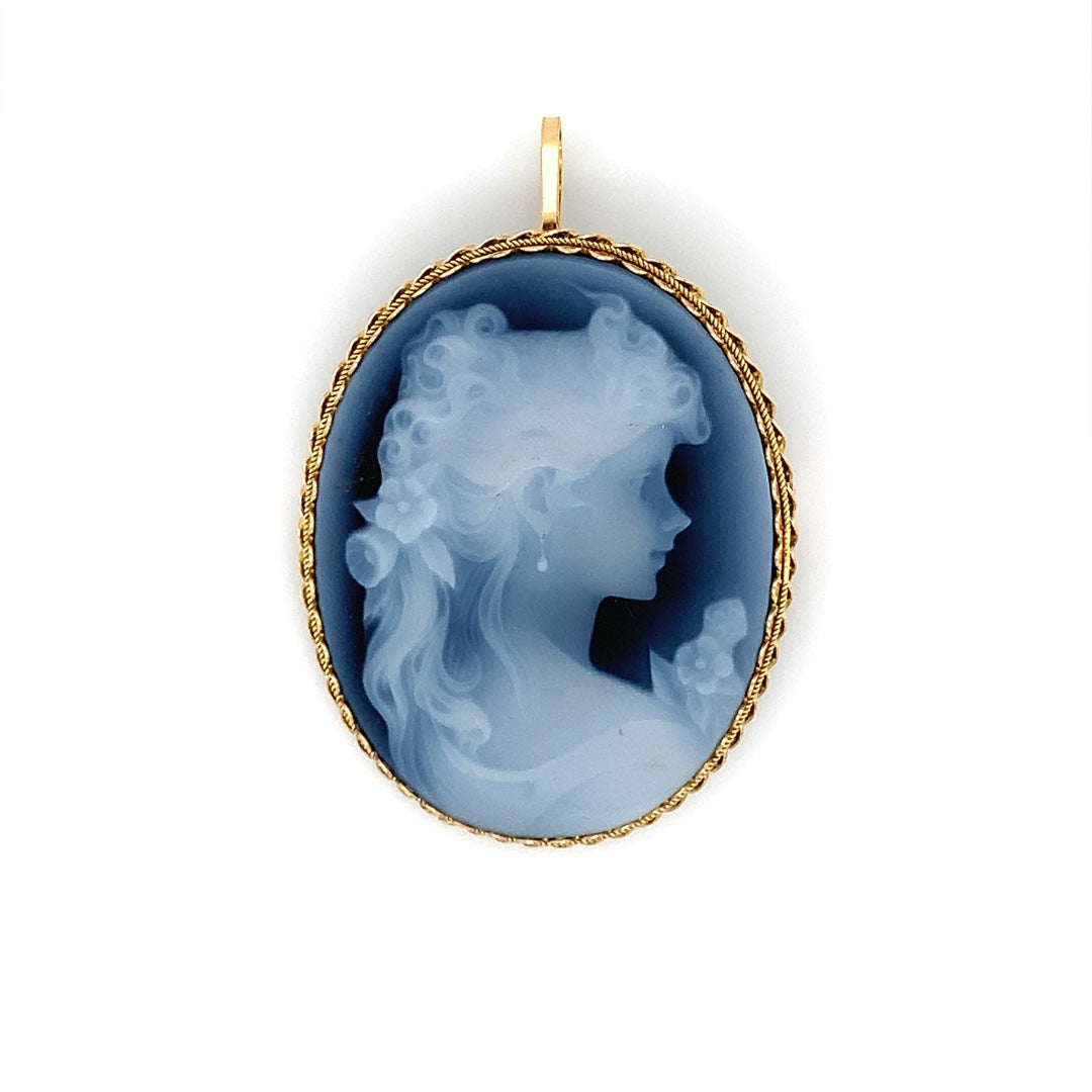 18K Yellow Gold Blue Agate Cameo Pendant Brooch 36 x 25 mm Oval