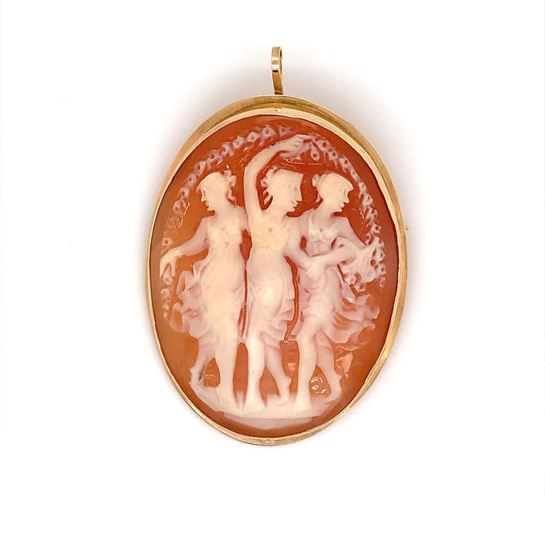 14K Yellow Gold Yellow Shell Cameo Pendant Brooch 42 x 31 mm. Oval