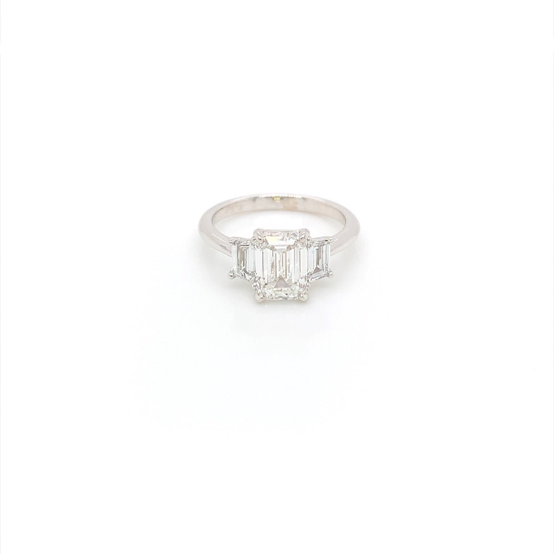 18K White Gold 2 1/10 CT Emerald Cut Colorless - VS2 Lab-Grown Three Stone Diamond Engagement Ring Size 7