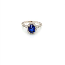 14K White Gold 2 CT Oval Blue Sapphire and Diamond Halo Pave Engagement Ring
