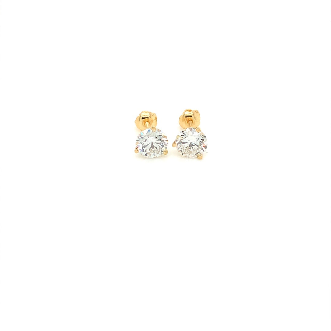 14K Yellow Gold 2 CT Round Brilliant Cut Near Colorless Lab-Grown Diamond Three Prong Stud Martini Earrings